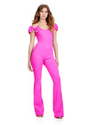 Front view. ASHLEYlauren 11439 bright pink off shoulder scuba jumpsuit with oversized bow sleeves