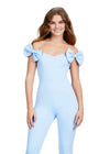 Front view. ASHLEYlauren 11439 light blue off shoulder scuba jumpsuit with oversized bow sleeves