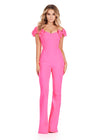 Front view. ASHLEYlauren 11439 pink off shoulder scuba jumpsuit with oversized bow sleeves