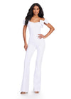 Front view. ASHLEYlauren 11439 white off shoulder scuba jumpsuit with oversized bow sleeves