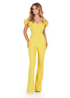 Front view. ASHLEYlauren 11439 yellow off shoulder scuba jumpsuit with oversized bow sleeves