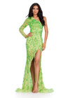 Front view. ASHLEYlauren 11442 Neon Green one shoulder sequin gown with open back and thigh-high slit