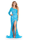 Front view. ASHLEYlauren 11442 Ocean one shoulder sequin gown with open back and thigh-high slit
