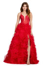 Front view. ASHLEYlauren 11446 red tulle gown with ruffled A-line skirt, corset bustier, deep illusion V-neckline, and leg slit