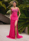 Front view. ASHLEYlauren 11448 fuchsia fully beaded gown with spaghetti straps, corset bodice, thigh-high slit, and lace up back
