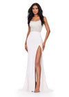 Front view. ASHLEYlauren 11448 ivory fully beaded gown with spaghetti straps, corset bodice, thigh-high slit, and lace up back