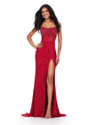 Front view. ASHLEYlauren 11448 red fully beaded gown with spaghetti straps, corset bodice, thigh-high slit, and lace up back