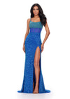 Front view. ASHLEYlauren 11448 turquoise/royal fully beaded gown with spaghetti straps, corset bodice, thigh-high slit, and lace up back