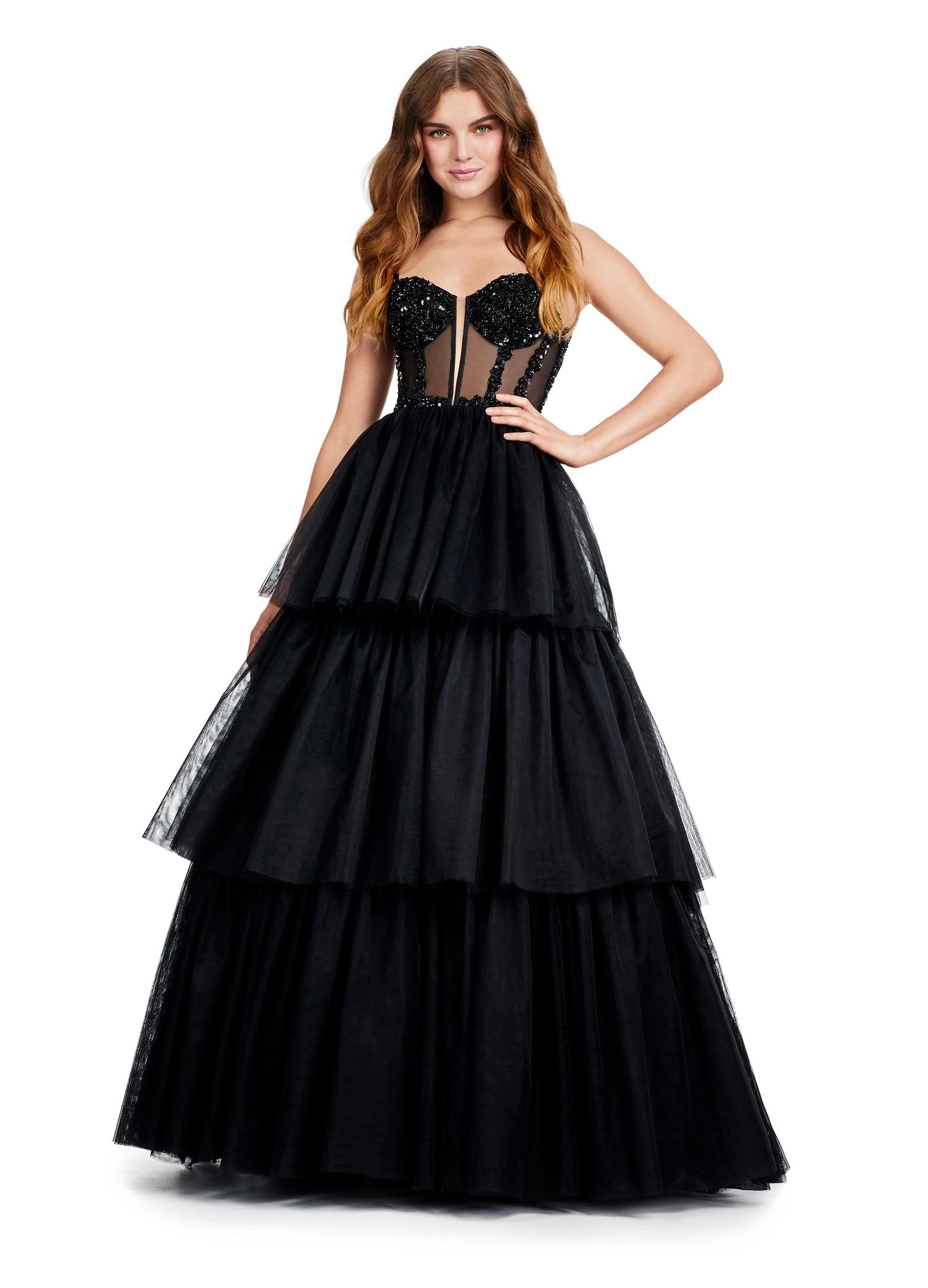 Front view. ASHLEYlauren 11462 black tiered tulle ball gown with sheer beaded corset bodice and spaghetti straps