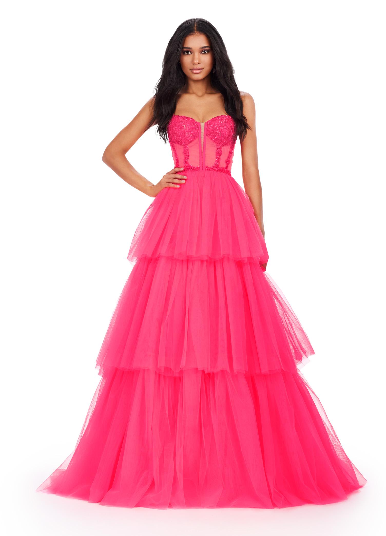 Front view. ASHLEYlauren 11462 hot pink tiered tulle ball gown with sheer beaded corset bodice and spaghetti straps