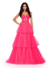Front view. ASHLEYlauren 11462 hot pink tiered tulle ball gown with sheer beaded corset bodice and spaghetti straps
