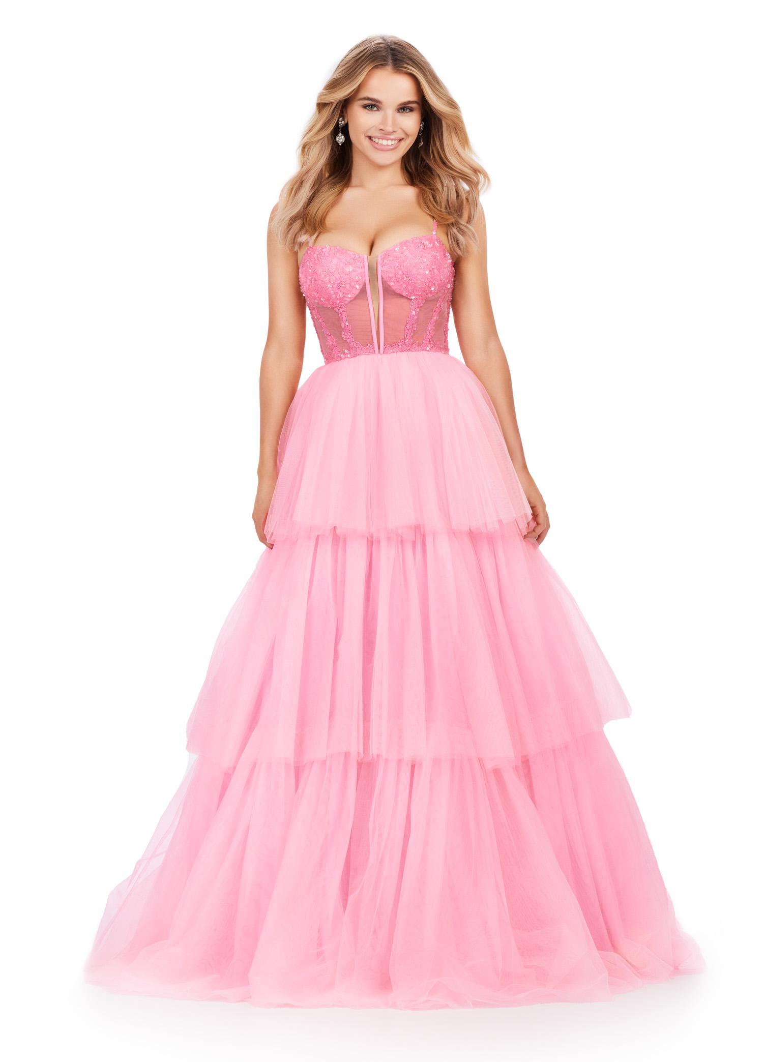 Front view. ASHLEYlauren 11462 pink tiered tulle ball gown with sheer beaded corset bodice and spaghetti straps