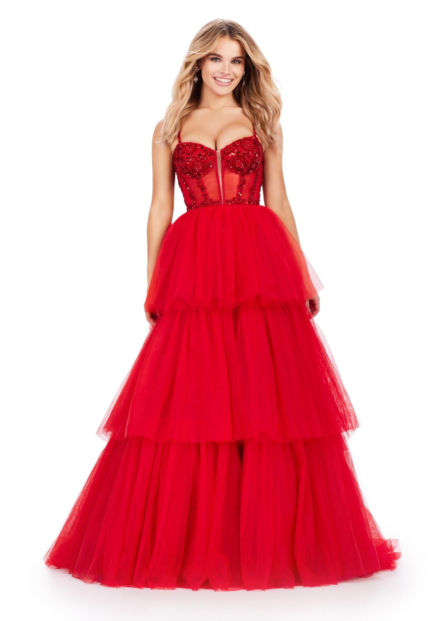 Front view. ASHLEYlauren 11462 red tiered tulle ball gown with sheer beaded corset bodice and spaghetti straps