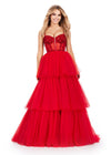 Front view. ASHLEYlauren 11462 red tiered tulle ball gown with sheer beaded corset bodice and spaghetti straps