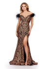 Front view. ASHLEYlauren 11463 Bronze/Black sequin gown with sweetheart neckline, feather off shoulder straps, and left leg slit