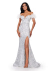 Front view. ASHLEYlauren 11463 Silver/Ivory sequin gown with sweetheart neckline, feather off shoulder straps, and left leg slit