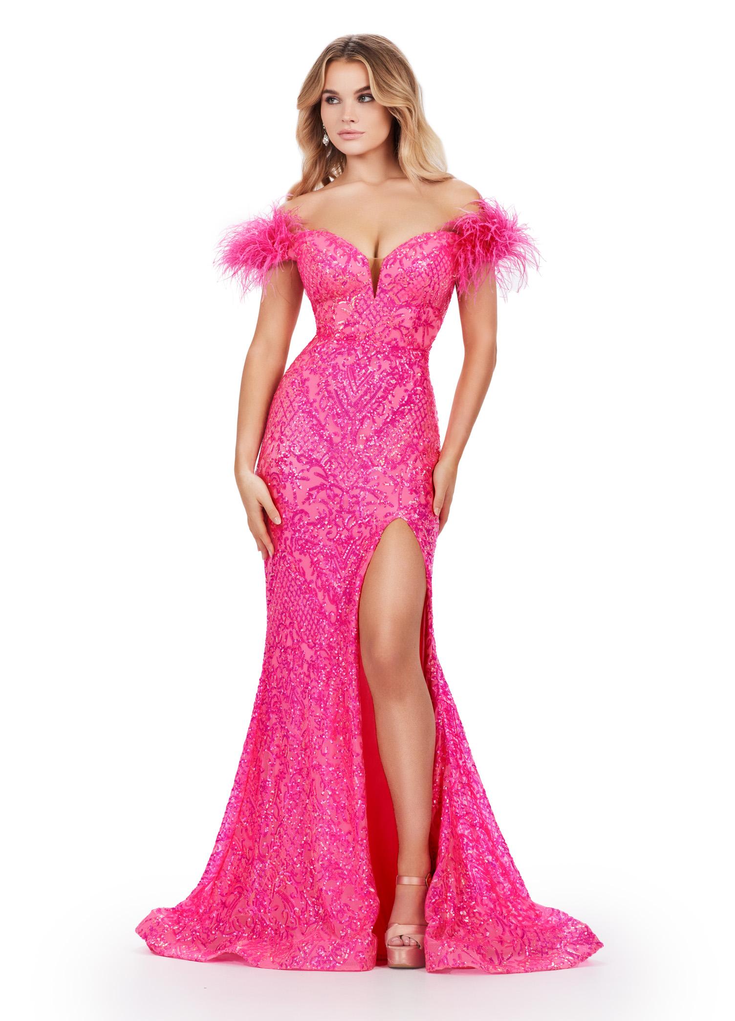Front view. ASHLEYlauren 11463 hot pink sequin gown with sweetheart neckline, feather off shoulder straps, and left leg slit