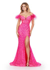 Front view. ASHLEYlauren 11463 hot pink sequin gown with sweetheart neckline, feather off shoulder straps, and left leg slit