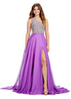Front view. ASHLEYlauren 11482 purple one shoulder gown with fully beaded bodice, chiffon cape, A-line skirt, and leg slit