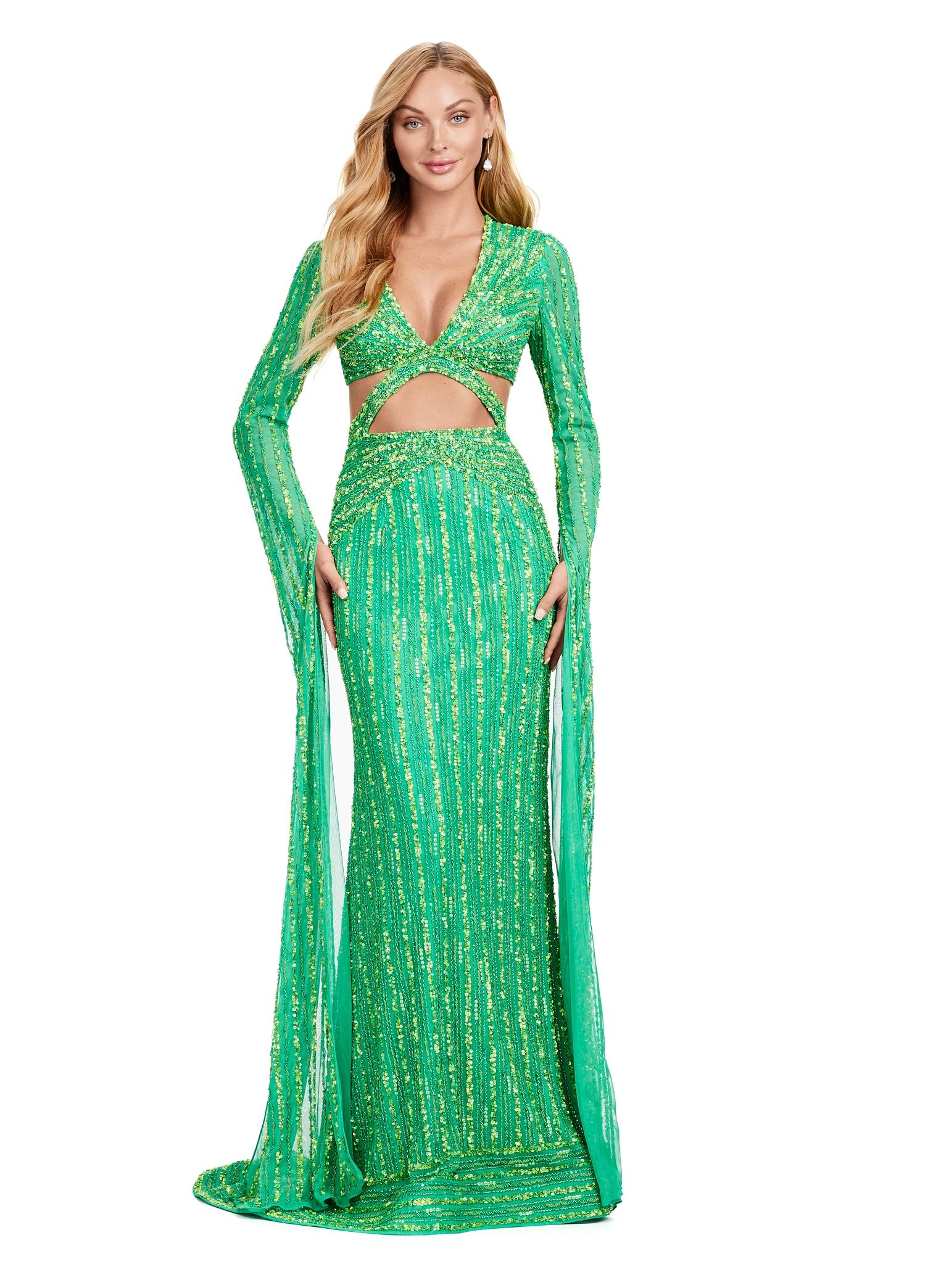 Front view. ASHLEYlauren 11485 Electric Lime fully beaded gown with V-neckline, dramatic floor length sleeves, and side cut outs