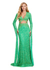 Front view. ASHLEYlauren 11485 Electric Lime fully beaded gown with V-neckline, dramatic floor length sleeves, and side cut outs