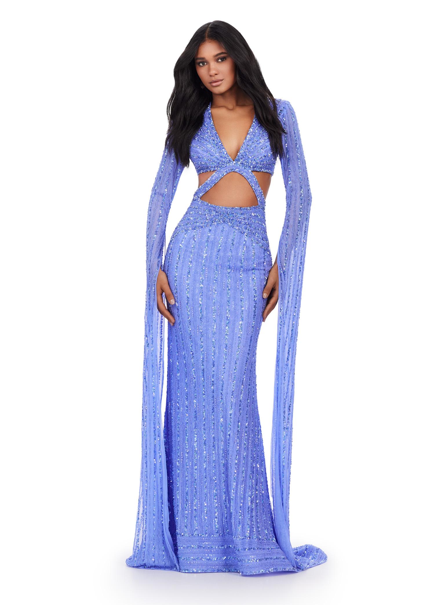 Front view. ASHLEYlauren 11485 Periwinkle fully beaded gown with V-neckline, dramatic floor length sleeves, and side cut outs