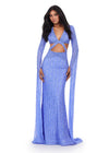 Front view. ASHLEYlauren 11485 Periwinkle fully beaded gown with V-neckline, dramatic floor length sleeves, and side cut outs