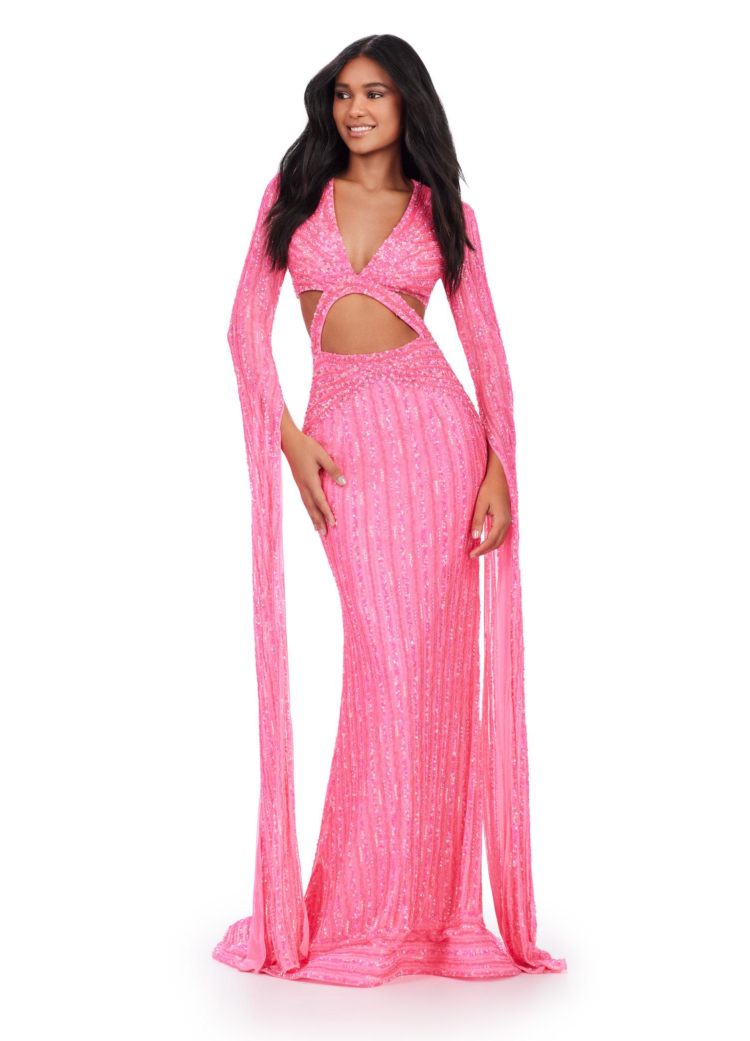 Front view. ASHLEYlauren 11485 pink fully beaded gown with V-neckline, dramatic floor length sleeves, and side cut outs