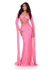 Front view. ASHLEYlauren 11485 pink fully beaded gown with V-neckline, dramatic floor length sleeves, and side cut outs
