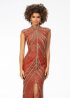 Front view. ASHLEYlauren 1674 Amber fully beaded gown with high neck, cap sleeves, centre slit, and geometric detailing