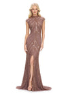 Front view. ASHLEYlauren 1674 Dark Taupe fully beaded gown with high neck, cap sleeves, centre slit, and geometric detailing