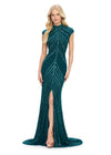 Front view. ASHLEYlauren 1674 Dark Teal fully beaded gown with high neck, cap sleeves, centre slit, and geometric detailing