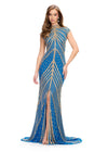 Front view. ASHLEYlauren 1674 Gold/Peacock fully beaded gown with high neck, cap sleeves, centre slit, and geometric detailing