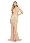 Front view. ASHLEYlauren 1674 Gold fully beaded gown with high neck, cap sleeves, centre slit, and geometric detailing