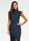 Front view. ASHLEYlauren 1674 Navy fully beaded gown with high neck, cap sleeves, centre slit, and geometric detailing