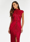 Front view. ASHLEYlauren 1674 Red fully beaded gown with high neck, cap sleeves, centre slit, and geometric detailing