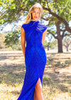 Front view. ASHLEYlauren 1674 Royal fully beaded gown with high neck, cap sleeves, centre slit, and geometric detailing