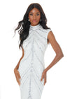 Front view. ASHLEYlauren 1674 Silver/Ivory fully beaded gown with high neck, cap sleeves, centre slit, and geometric detailing