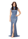 Front view. ASHLEYlauren 1674 Vintage Blue fully beaded gown with high neck, cap sleeves, centre slit, and geometric detailing