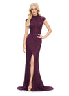 Front view. ASHLEYlauren 1674 Wine fully beaded gown with high neck, cap sleeves, centre slit, and geometric detailing