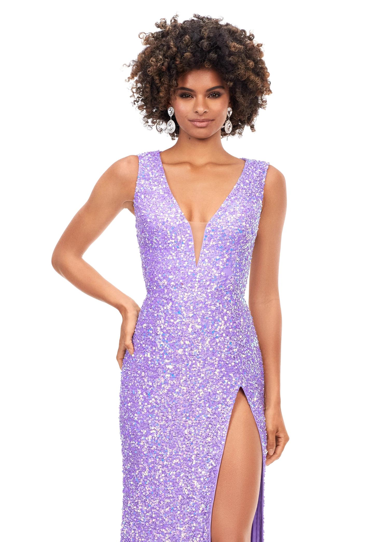 Front view. Ab/Orchid ASHLEYlauren 11373 stunning fitted gown featuring a deep V-neckline, lace-up open back, fully hand-beaded design, and a left leg slit, available in vibrant colors for a bold and head-turning look.