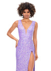 Front view. Ab/Orchid ASHLEYlauren 11373 stunning fitted gown featuring a deep V-neckline, lace-up open back, fully hand-beaded design, and a left leg slit, available in vibrant colors for a bold and head-turning look.