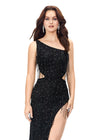 Front view. Black ASHLEYlauren 11280 daring one shoulder gown featuring an intricate bead pattern, scattered fringe accents, bold side cut outs, and a left leg slit for a striking and glamorous statement look.