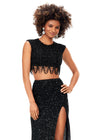 Front view. Black ASHLEYlauren 11282 glamorous two-piece fully sequin gown featuring a crew neckline, cap sleeves, intricate bead pattern draping from the bustier, and a fitted skirt with a left leg slit for a vintage-inspired, show-stopping look.