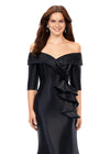 Front view. Black ASHLEYlauren 11324 Elegant Off Shoulder Fitted Mermaid Gown in Phantom Satin with Statement Ruffle Detail at the Hip