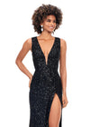 Front view. Black ASHLEYlauren 11373 stunning fitted gown featuring a deep V-neckline, lace-up open back, fully hand-beaded design, and a left leg slit, available in vibrant colors for a bold and head-turning look.
