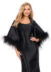 Front view. Black ASHLEYlauren 11381 Fit and Flare Phantom Satin Gown with Modern Scoop Neckline, Feather Detailed Flare Sleeves, and Horsehair Hem Skirt