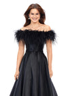 Front view. Black ASHLEYlauren 11382 Elegant Off Shoulder Ball Gown in Phantom Satin with Feather Accent Neckline and Flowing A-Line Skirt