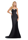 Front view. Black ASHLEYlauren 11424 Elegant Strapless Evening Gown in Double Faced Satin with Detachable Halter Style Off Shoulder Overlay