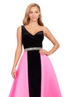 Front view. Black/Hot Pink ASHLEYlauren 11265 regal one-shoulder velvet gown featuring a luxurious heavy satin overskirt and a crystal beaded belt for a bold and sophisticated statement look.